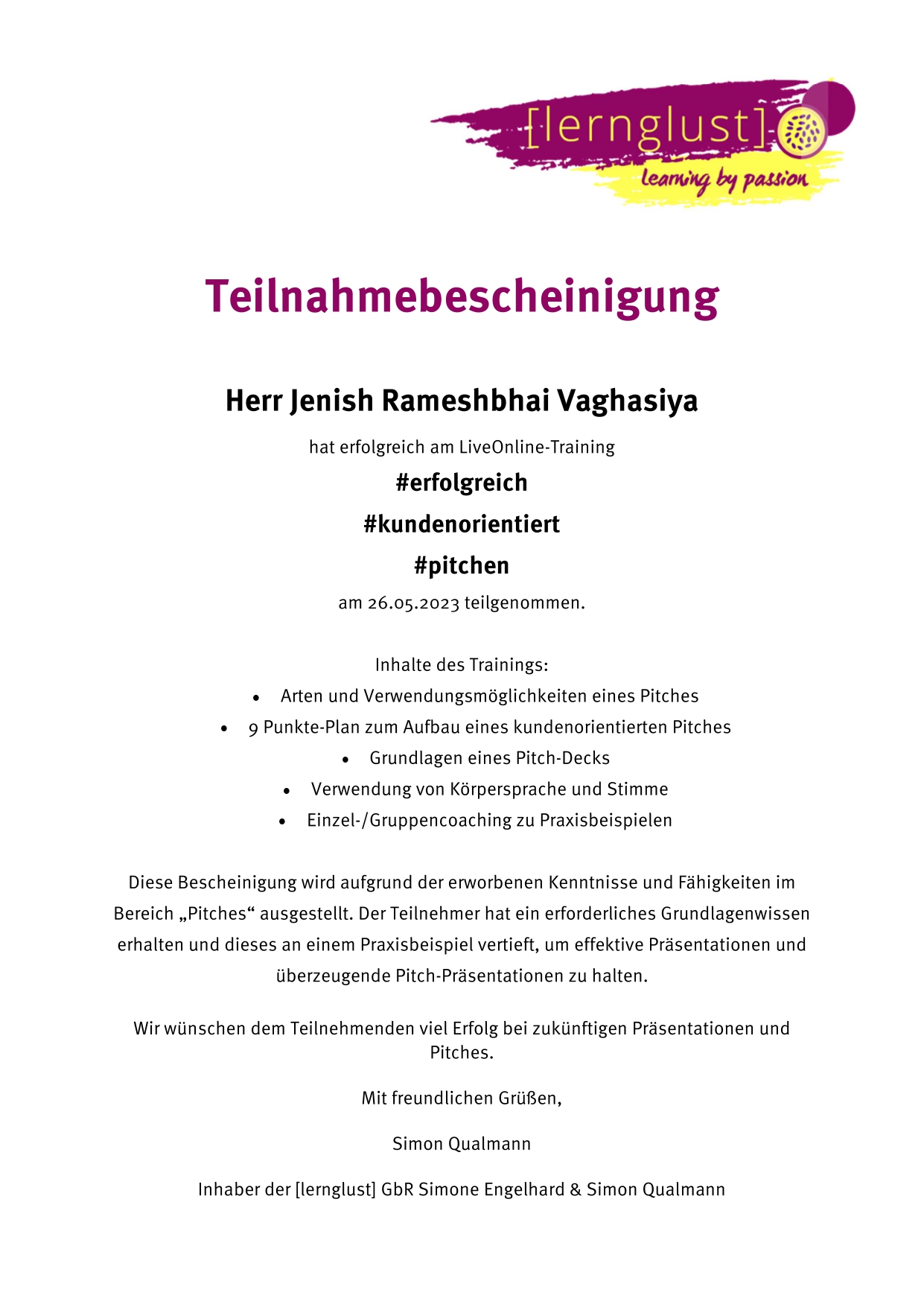 Pitch Participation Certificate - Business presentation certification for Jenish Vaghasiya